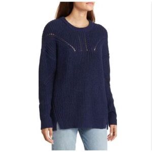 Caslon cotton blend ribbed pointelle knit crew neck sweater navy blue sz S NWOT